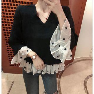 Bell-sleeve Dotted Panel Blouse Black - One Size
