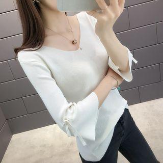 Bell-sleeve Lace-up Back Knit Top