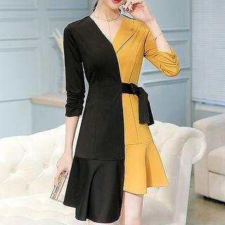 Two-tone 3/4-sleeve Asymmetrical A-line Dress