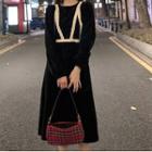Long-sleeve Lace Trim Velvet Midi Dress Black - One Size
