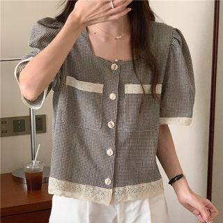 Puff-sleeve Plaid Lace Trim Blouse Black & White - One Size