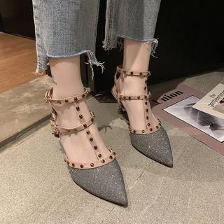 Studded T Bar Faux Leather Pointed Kitten Heel Pumps