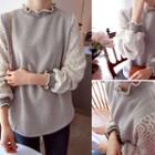 Frill-neck Lace-sleeve Pullover
