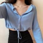 Cropped Drawstring Cardigan Light Blue - One Size