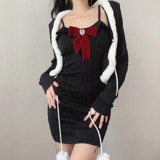 Set: Fluffy Trim Open-front Cardigan + Spaghetti Strap Knit Mini Bodycon Dress