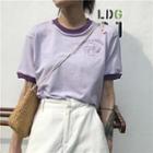 Color-block Short-sleeve Slim-fit T-shirt Purple - One Size