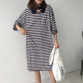 3/4-sleeve Oversized Striped Polo Dress Navy Blue - One Size