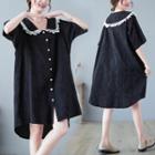 Short-sleeve Lace Trim Midi Shift Dress Black - One Size