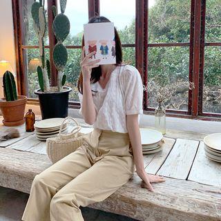 Cropped Linen Blend Straight-cut Pants Khaki - One Size