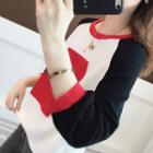 3/4-sleeve Color Block Letter Knit Top