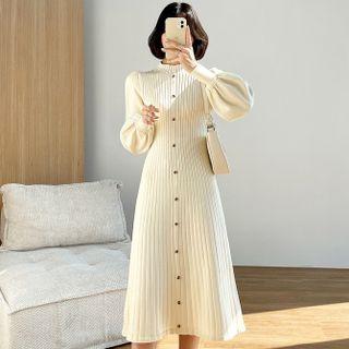 High-neck Puff-sleeve Midi Dress