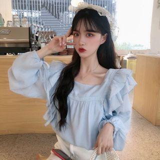 Long-sleeve Ruffled Chiffon Blouse Light Blue - One Size