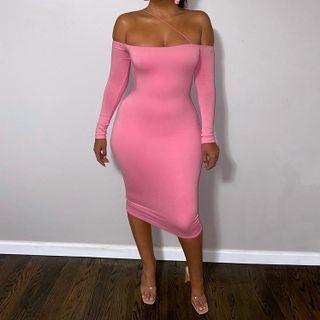 Off-shoulder Long-sleeve Midi Bodycon Dress