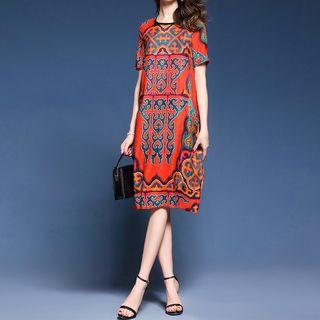 Short-sleeve Patterned Midi A-line Dress