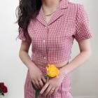 Color-block Plaid Short-sleeve Blouse / Plaid High-waist Skirt
