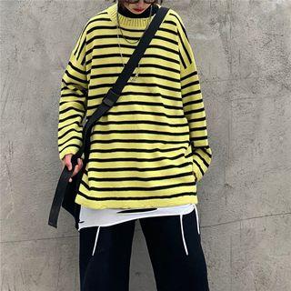 Distressed Striped Sweater Mustard Yellow - One Size