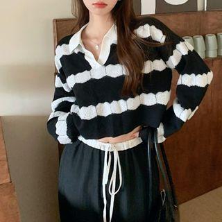 Striped Collared Sweater / Drawstring Wide-leg Pants