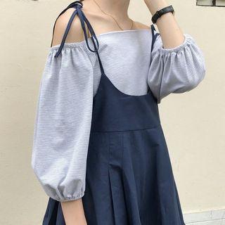 Off-shoulder Striped 3/4-sleeve T-shirt