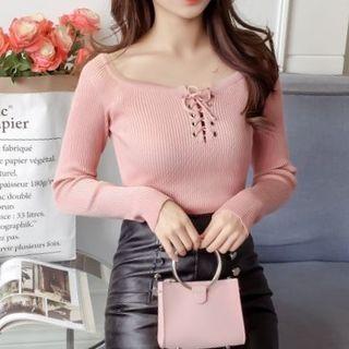Plain Lace-up Knit Top