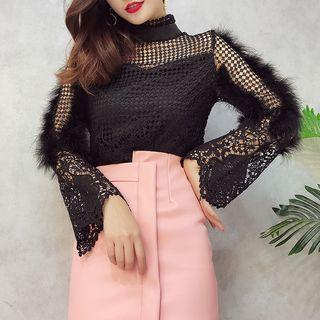 Faux Fur Trim Long-sleeve Crochet Lace Top