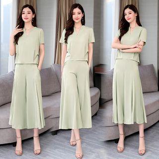 Set: Stand Collar Short Sleeve Chiffon Top + A-line Skirt