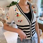 Short-sleeve Embroidered Flower Panel Striped Knit Cardigan