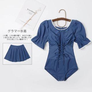 Set: Bell-sleeve Lace-up Swimsuit + Swim Skirt