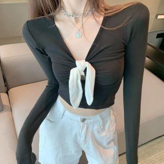 Long-sleeve Tie-front V-neck Top