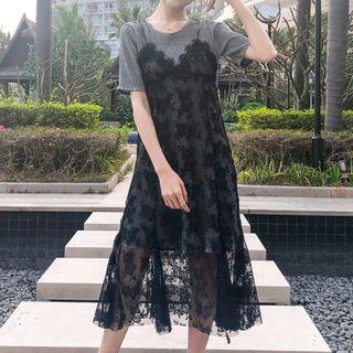 Set: Short-sleeve T-shirt Dress + Spaghetti Strap Embroidered Midi Mesh Dress As Shown In Figure - One Size