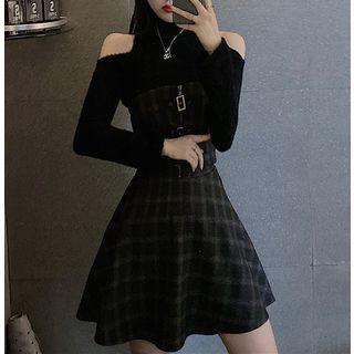 Cold Shoulder Knit Top / Plaid A-line Dress
