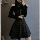 Cold Shoulder Knit Top / Plaid A-line Dress