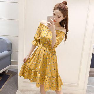 Floral Print Off Shoulder Elbow Sleeve A-line Dress