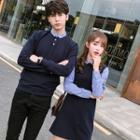 Couple Matching Collared Pullover / Long-sleeve Panel A-line Dress
