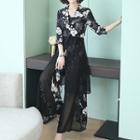 Set: 3/4-sleeve Chiffon Paneled Floral Blazer + Wide-leg Pants