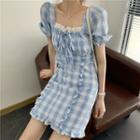 Balloon-sleeve Ruffle Gingham A-line Dress