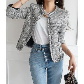 Open-front Fray-edge Tweed Jacket