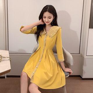 3/4-sleeve Plaid Paneled A-line Mini Dress