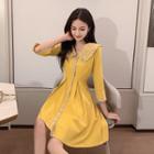 3/4-sleeve Plaid Paneled A-line Mini Dress