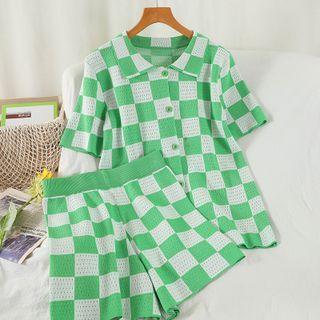 Set: Plaid Shirt-sleeve Top + Shorts Set - Plaid - Green & White - One Size
