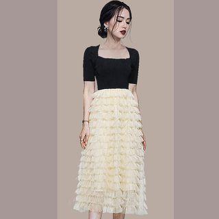 Mock Two-piece Short-sleeve A-line Layered Dress