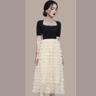 Mock Two-piece Short-sleeve A-line Layered Dress