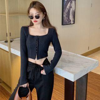 Long-sleeve Zipped Cropped Top / High-waist Drawstring Plain Sweatpants
