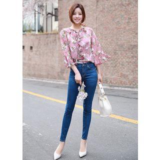 Tie-neck Frill-sleeve Floral Chiffon Top