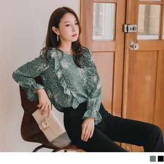 Ruffled Cuff Print Top