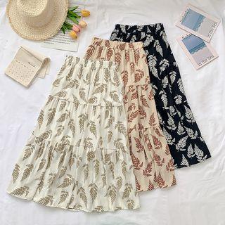 High-waist Leaf Printed Ruffled Skirt