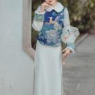 Long-sleeve Fluffy Trim Midi Qipao / Embroidered Vest / Set