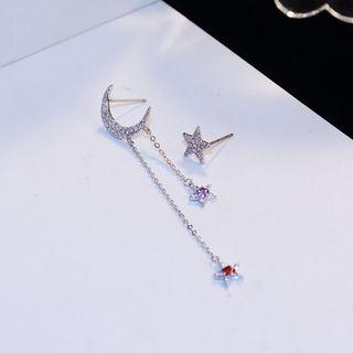 Non-matching Rhinestone Moon & Star Fringed Earring As Shown In Figure - One Size
