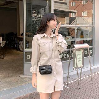 Patch-pocket Shirred Mini Shirtdress