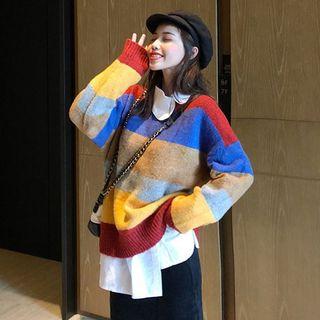 Striped Sweater / Asymmetrical Shirt / Corduroy Straight Fit Skirt