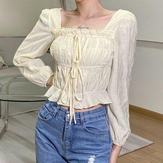 Long Sleeve Ruched Tie-front Top
